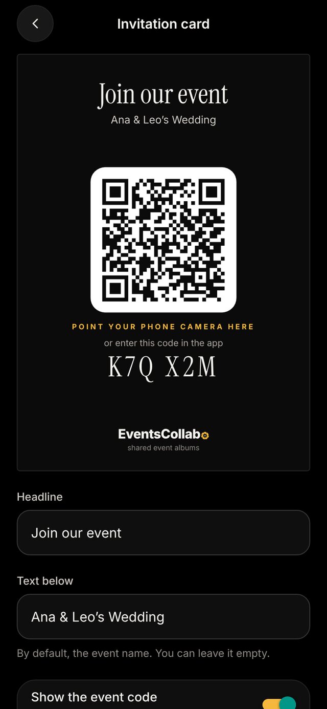 Invitation card with QR code and event code