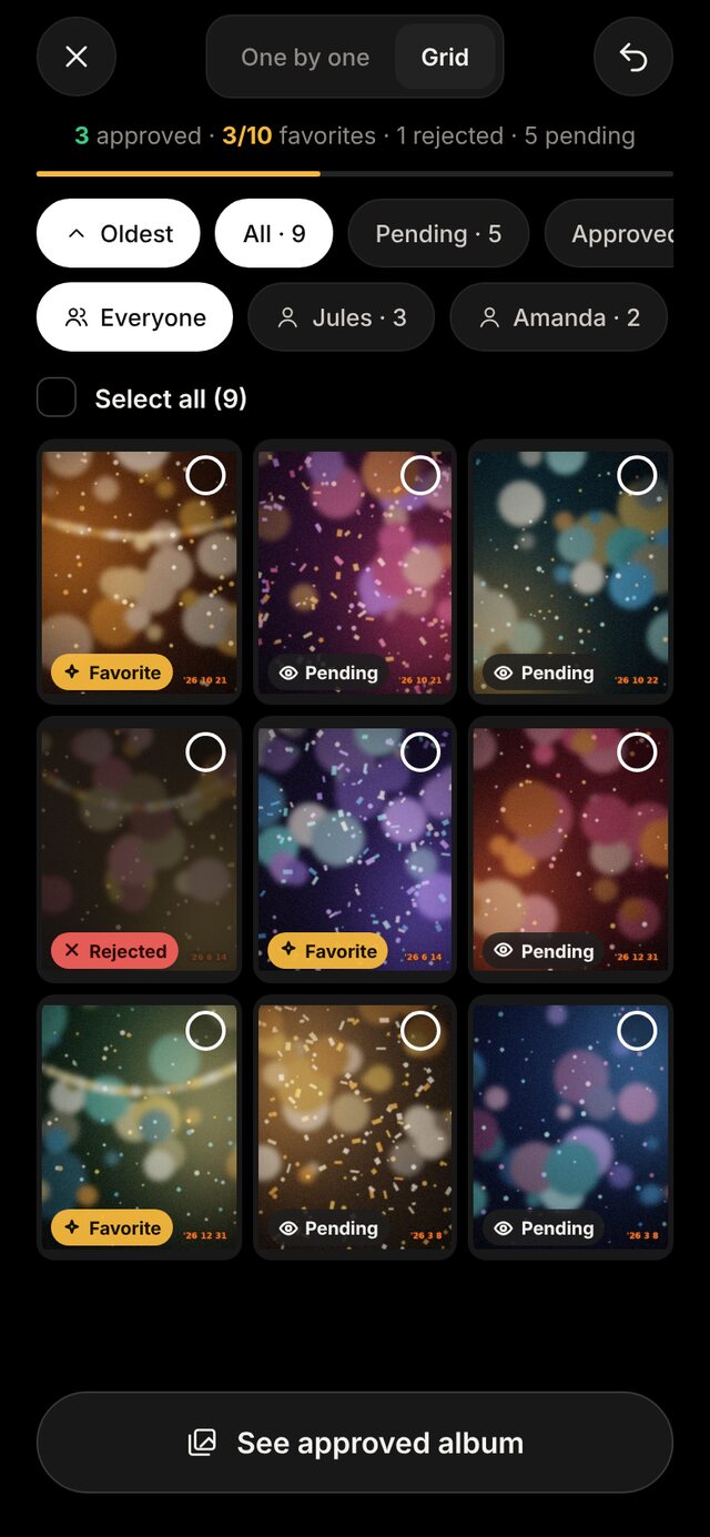 Photo review screen with approved, favorite and pending photos