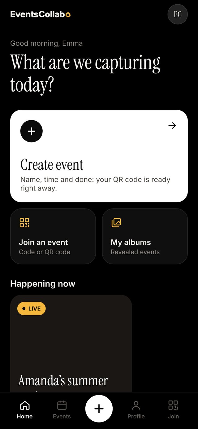 App home screen with the Create event button