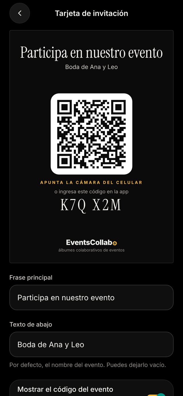 Tarjeta de invitación con código QR y código del evento