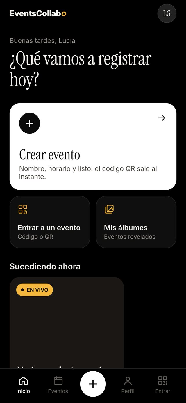 Pantalla de inicio de la app con el botón Crear evento