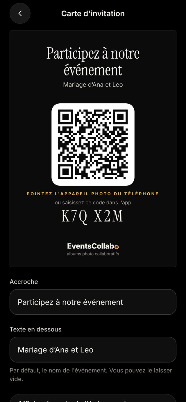 Carte d'invitation avec QR code et code de l'événement