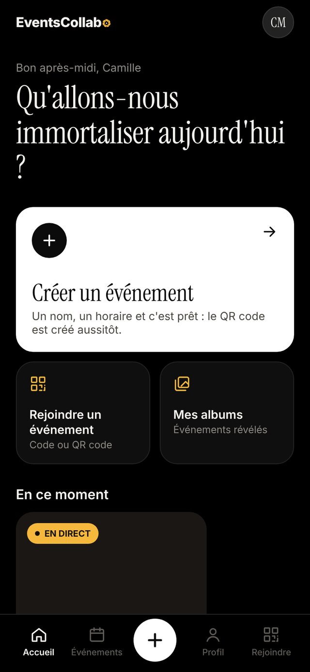 Écran d'accueil de l'app avec le bouton Créer un événement
