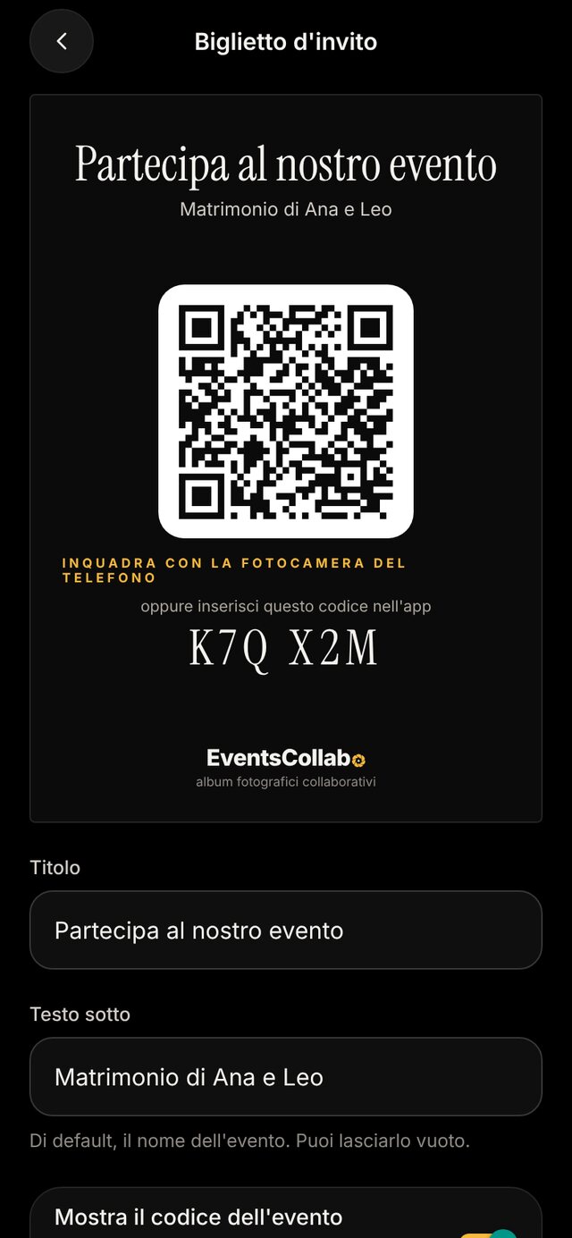 Biglietto d'invito con QR code e codice dell'evento