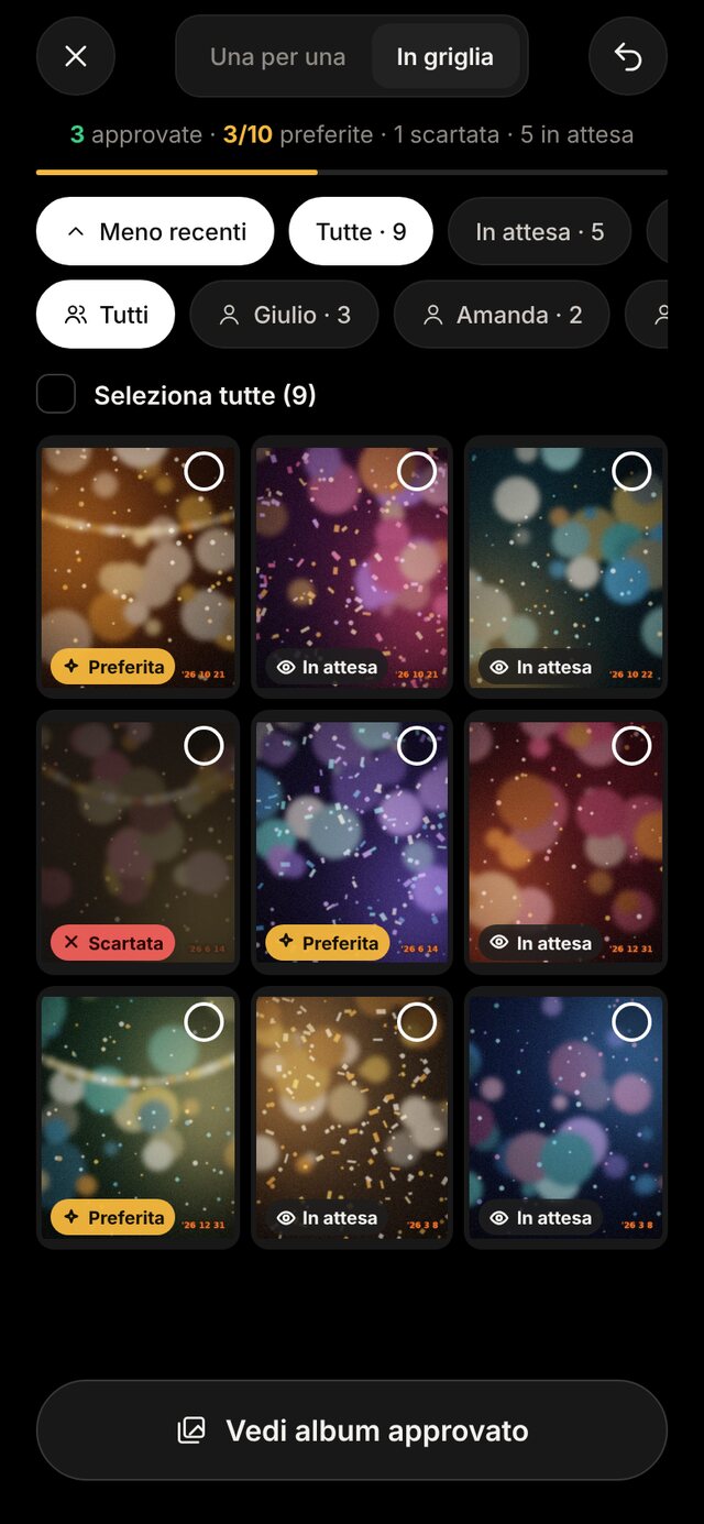 Schermata di scelta delle foto, con approvate, preferite e in attesa