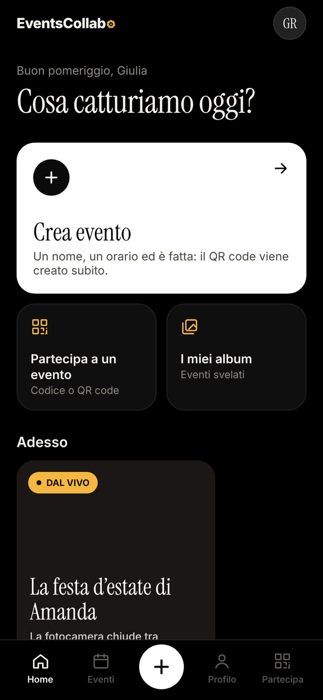 Schermata iniziale dell'app con il pulsante Crea evento