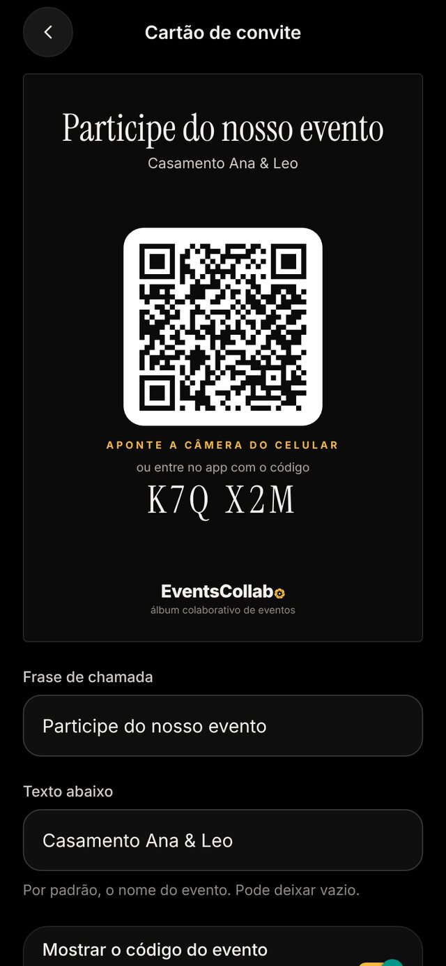 Cartão de convite com QR Code e código do evento