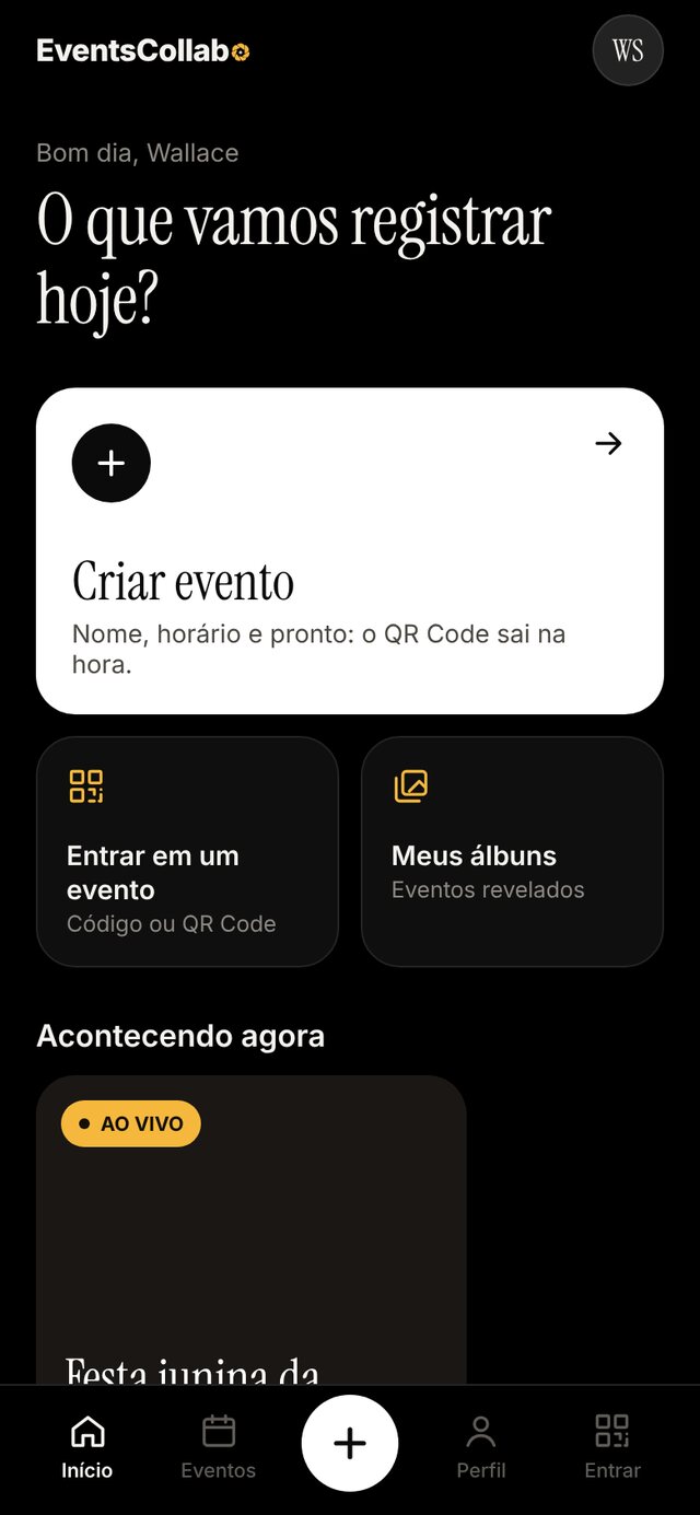 Tela inicial do app com o botão Criar evento